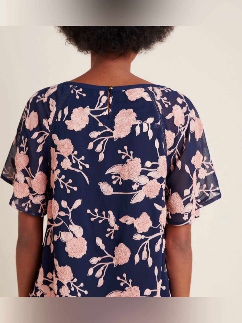 Maeve by Anthropologie Franca Textured Floral Blouse, Navy and Pale Pink, Medium - Picture 3 of 16
